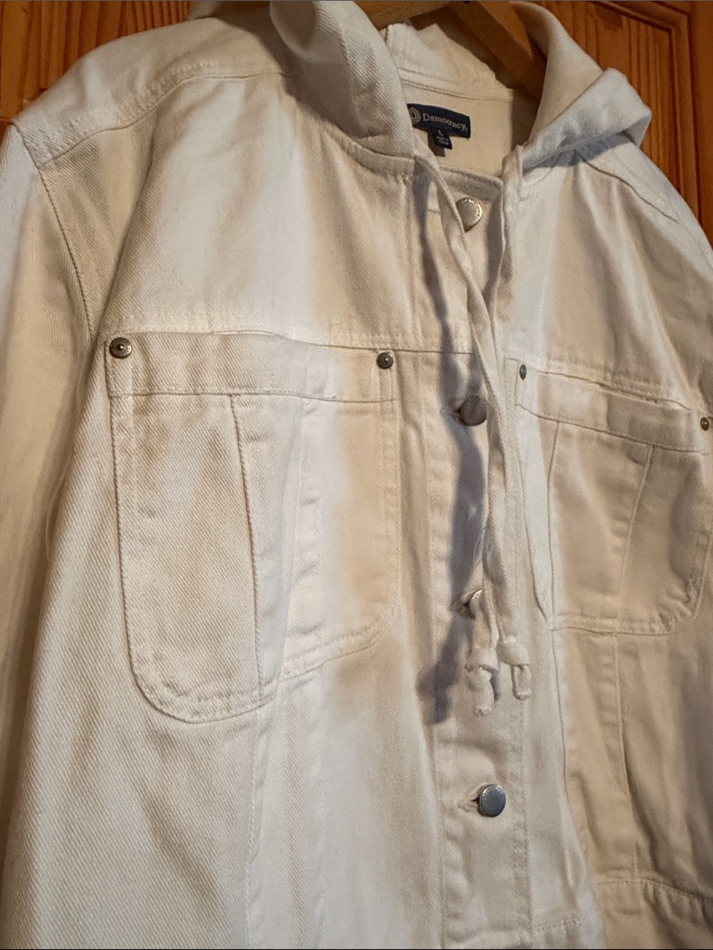 Democracy White Hooded Denim Jacket with Snap Front - Picture 4 of 7